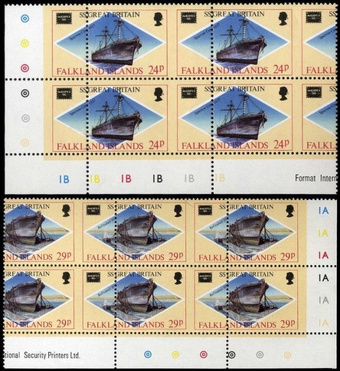 Falkland Islands 1986 Ameripex 24p and 29p Corner Blocks with Perforation Error Falkland Islands 1986 Ameripex 24p and 29p Corner Blocks with Perforation Error